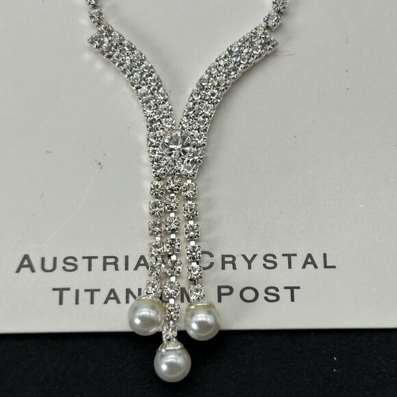 Charlestone Jewelry Set Necklace Earrings Austrian Crystal Faux Pearl Wedding - Picture 2 of 6